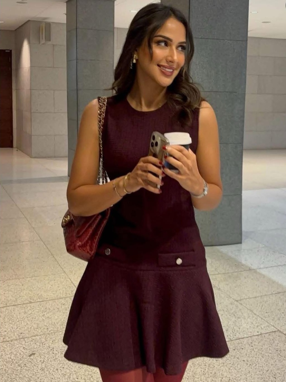 Zara Burgundy Textured Tweed Fit & Flare Mini Dress Size S Preppy Blair Waldorf